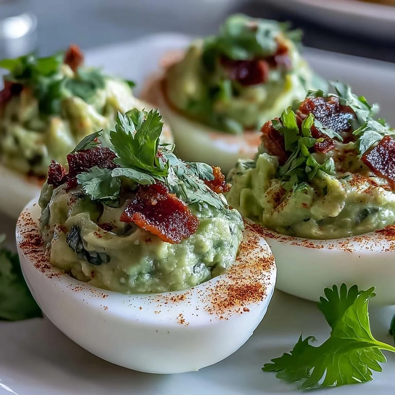 Vibrant guacamole filling transforms classic deviled eggs into a colorful, flavorful appetizer perfect for parties or a quick snack.