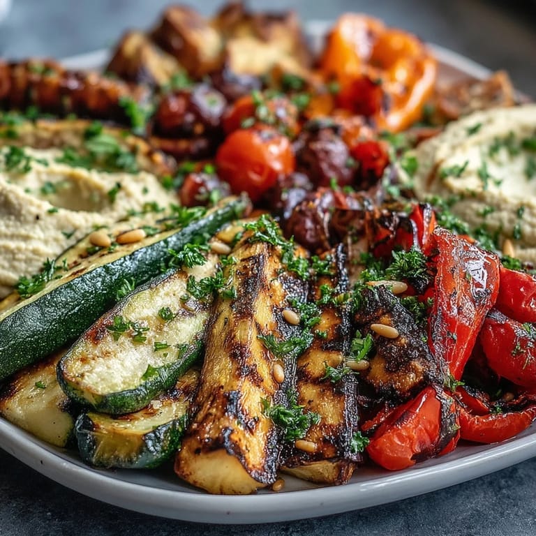 Vibrant array of grilled zucchini, bell peppers, red onion, and eggplant served with creamy homemade hummus, garnished with parsley and pine nuts.