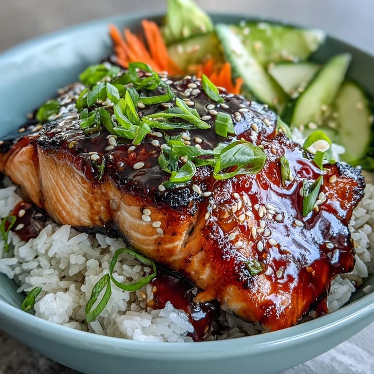 Savory teriyaki-glazed salmon fillets served over steaming rice with crisp vegetables and creamy avocado slices.