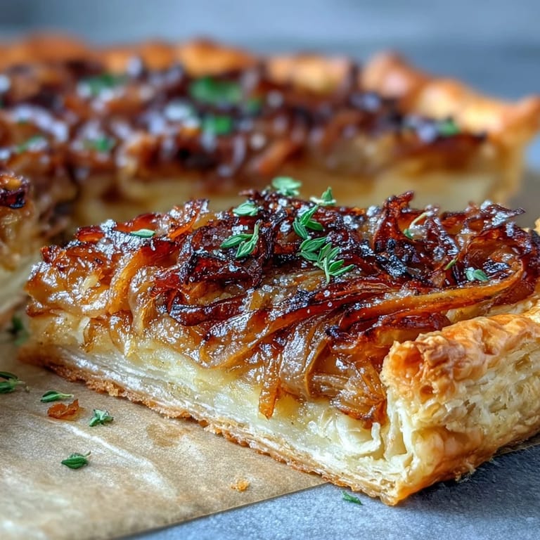Flaky puff pastry topped with sweet golden onions, nutty Gruyère, and fresh thyme, creating a savory French onion-inspired tart.