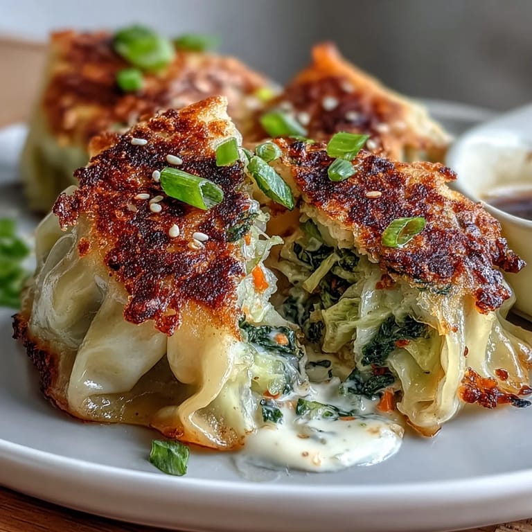 Savory cabbage dumplings pan-seared until crispy, paired with fragrant ginger soy sauce for a delightful Asian-inspired appetizer.
