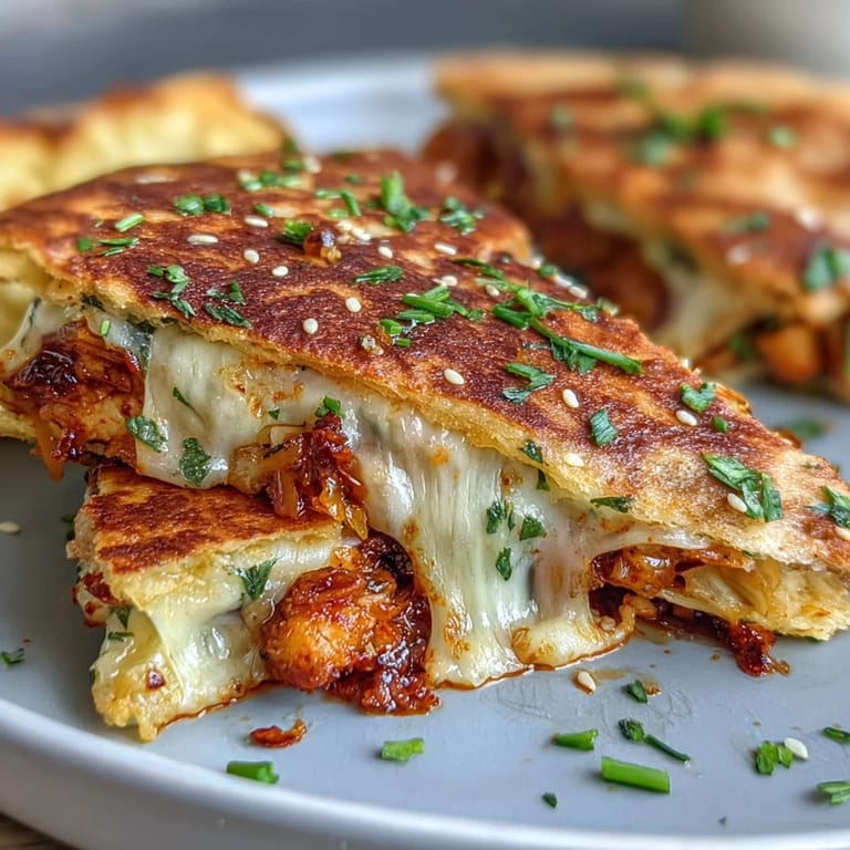 Spicy kimchi quesadillas with melted mozzarella and cheddar, toasted to golden perfection and served hot for a savory snack.