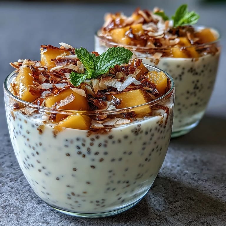 Vibrant mango chia pudding featuring luscious coconut milk, sweet ripe mango, and fresh mint for a healthy, gluten-free snack.