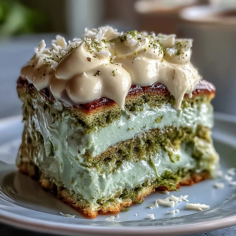 Delicate matcha tiramisu dessert with smooth mascarpone filling, perfect for a sophisticated, vegetarian-friendly treat.