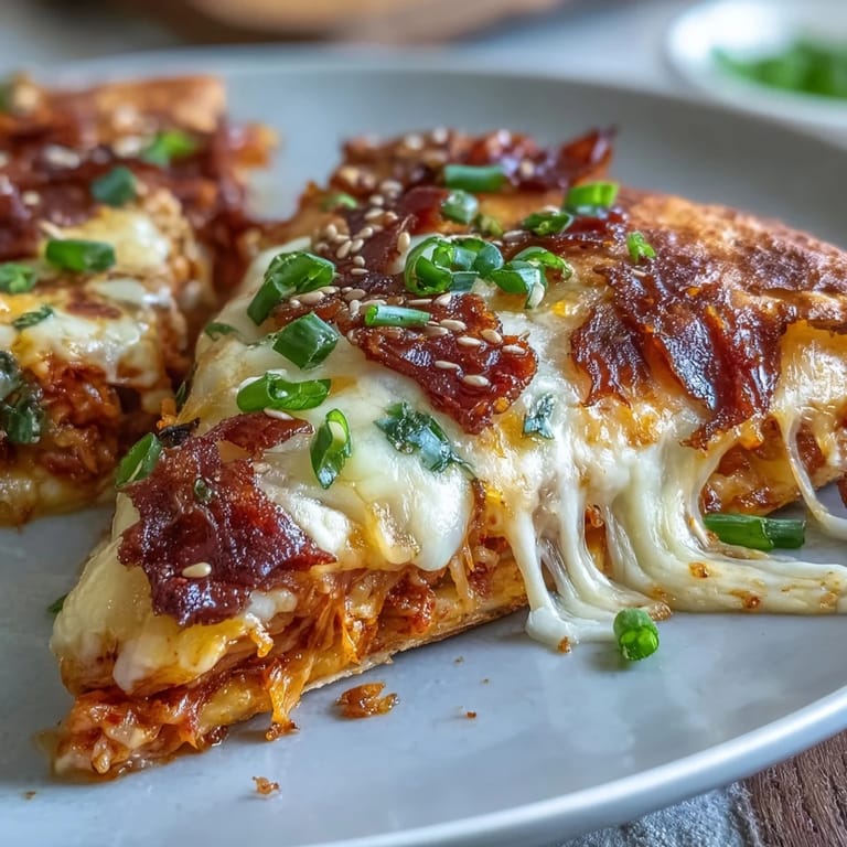 Tangy kimchi and gooey melted cheese inside crispy flour tortillas, a bold Korean-Mexican fusion for a quick meal.