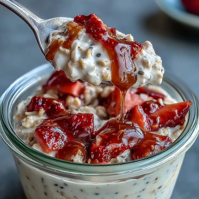 Two servings of strawberry vanilla overnight oats topped with sliced almonds and extra berries, ready to enjoy straight from the fridge.