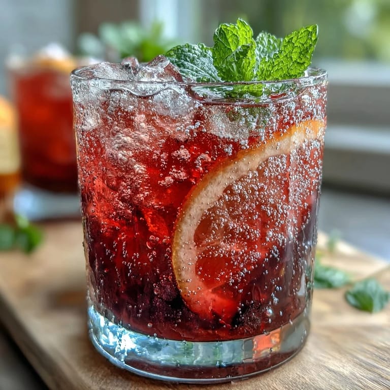 Sparkling Hibiscus Mint Lemonade Mocktail served chilled with ice, lemon wheels, and aromatic mint sprigs for a festive summer sip.