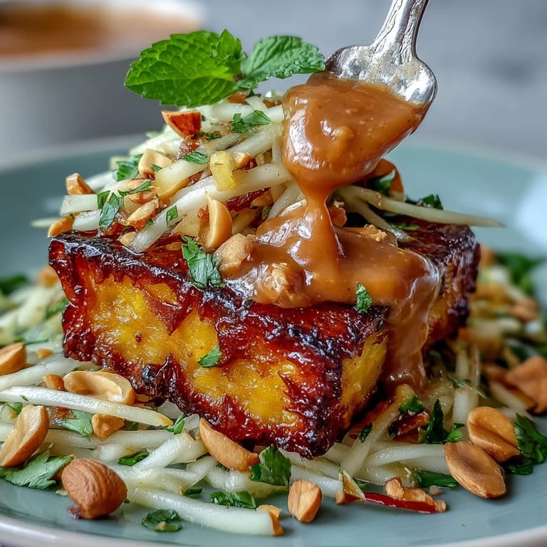 Colorful Thai mango salad with crispy tofu, featuring julienned mango, crunchy vegetables, and a drizzle of creamy peanut dressing.