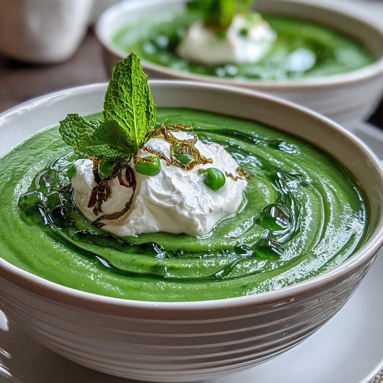Creamy pea soup garnished with lemon-infused whipped ricotta and a swirl of bright green mint oil, ideal for spring dining.