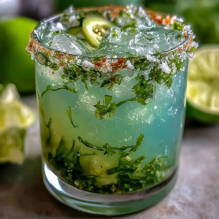 A zesty jalapeño-rimmed pickle margarita mocktail, a cool and refreshing treat.