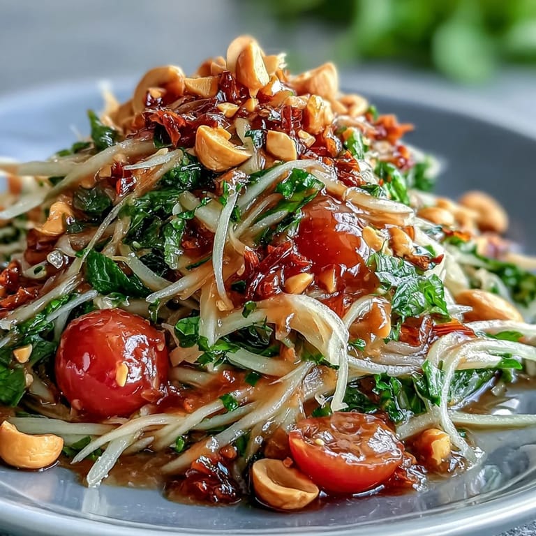 Crisp Som Tam salad featuring shredded papaya, crunchy peanuts, and juicy tomatoes.