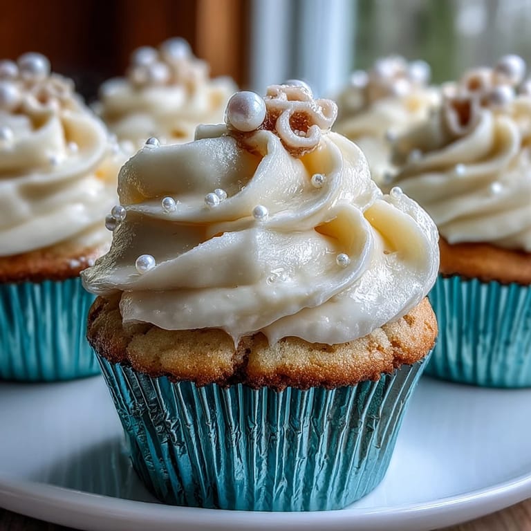 Deliciously frosted vanilla cupcakes, featuring elegant pearl fondant Cancer zodiac symbols.