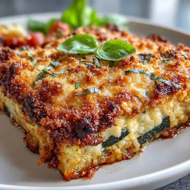 Delicious cheesy Crispy Parmesan Tomato Zucchini Bake, a comforting Italian-inspired vegetarian dish.