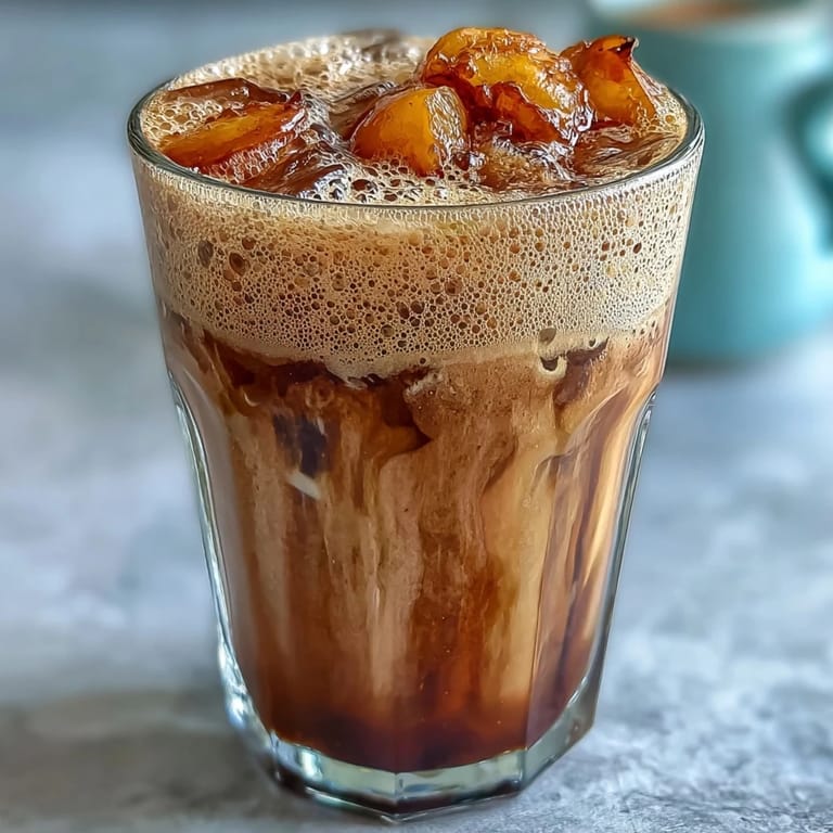 Enjoy iced Peach Cobbler Cold Foam Chai, a decadent coffee shop delight.