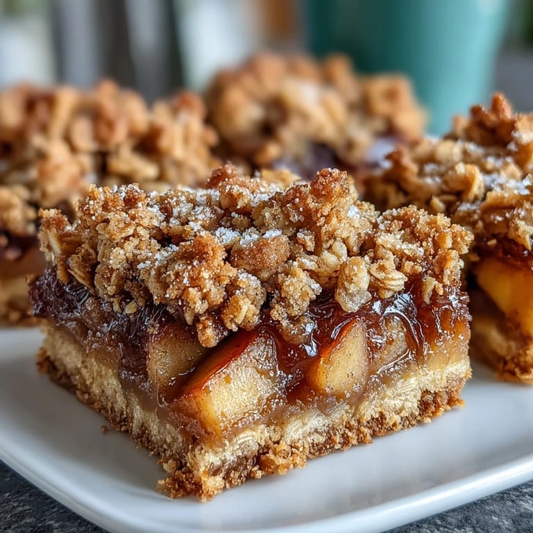 Deliciously baked Early Fall Apple Peach Crumble Bars ready to serve warm.
