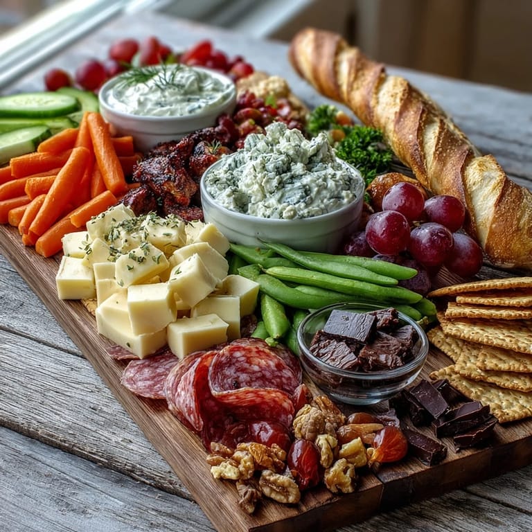 Delectable Summer Watch Party Snack Board featuring crunchy crackers, savory meats, and fresh veggies.