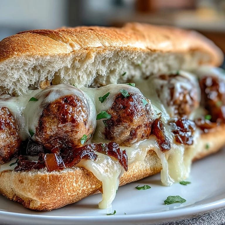 Juicy French onion meatballs subs, gooey cheese bubbling over caramelized onions.