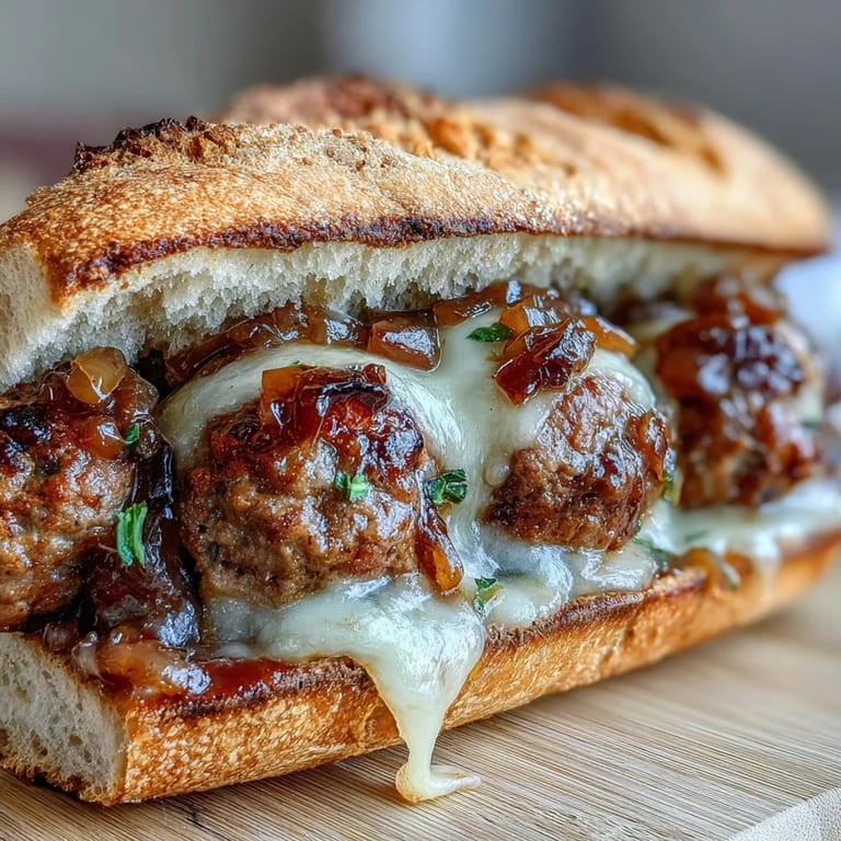 Savory French onion meatballs subs, a comforting meal with melted cheese.