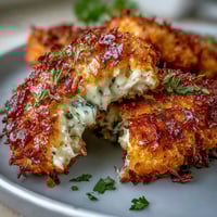 Golden-brown Asiago Panko Chicken Bites baked to crispy perfection, served with marinara dipping sauce for a savory appetizer.  