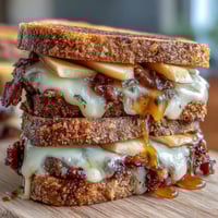 Golden-brown grilled cheese sandwich with beef bacon, sharp cheddar, and apple slices, drizzled with hot honey for a sweet and spicy twist.  