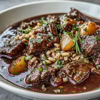 A steaming bowl of One-Pot Guinness Beef and Barley Stew with tender chunks of beef, pearl barley, and vibrant root vegetables in a rich, dark broth.