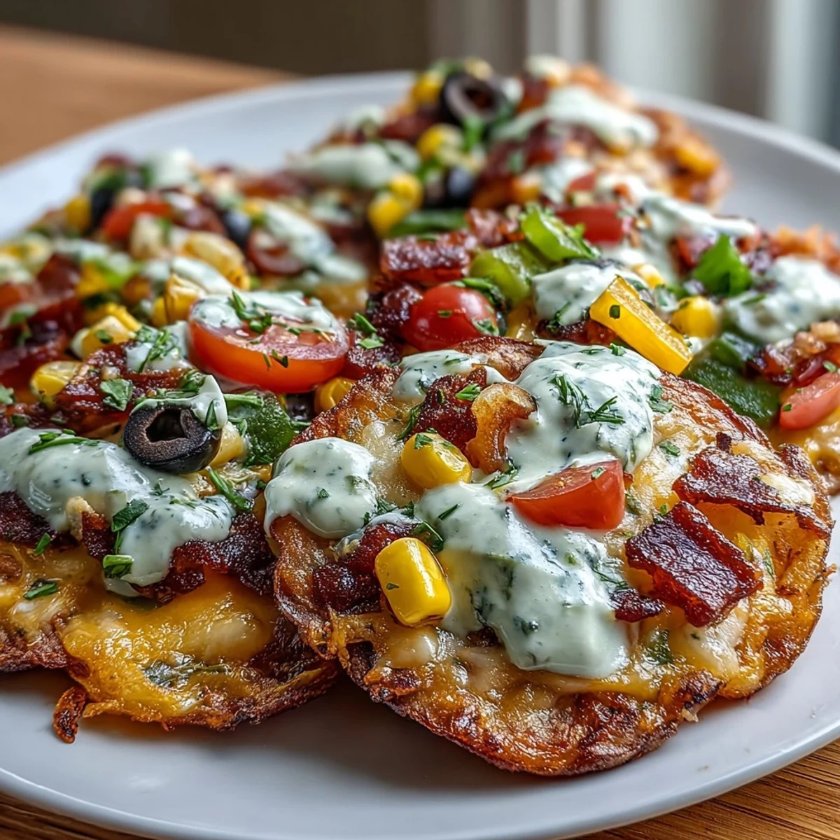 A colorful platter of rainbow veggie Irish nachos with crispy potato rounds, melty cheddar, and vibrant bell peppers, served with tangy Greek yogurt ranch.