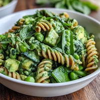 Spring Green Goddess Pasta Salad with Peas and Herbs, a vibrant vegetarian dish with creamy green dressing and fresh spring vegetables.  