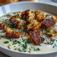 Creamy Leek and Potato Soup with Sourdough Croutons served in a white bowl, garnished with fresh chives and golden sourdough croutons.