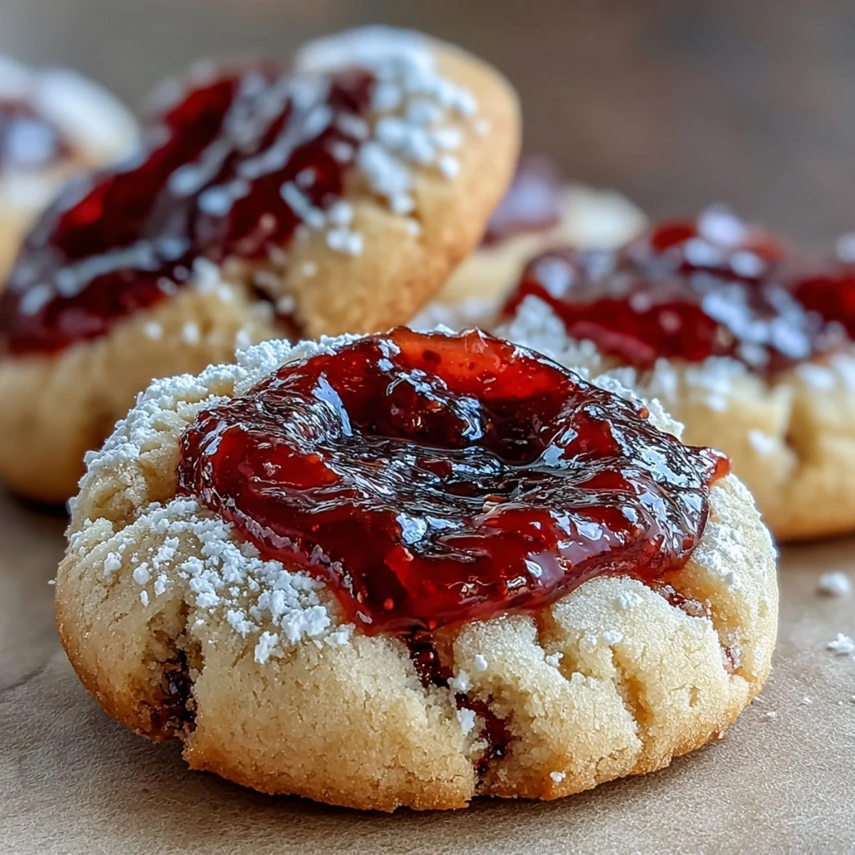 Buttery thumbprint cookies with vibrant strawberry jam centers, perfect for summer picnics and dessert tables.