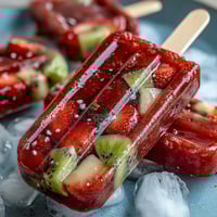 Strawberry Daiquiri Popsicles with fresh fruit chunks, featuring vibrant strawberries, mango, and kiwi in a rum-lime base, frozen into colorful summer treats.