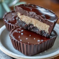 Rich homemade Reese's peanut butter cups with dark chocolate, featuring a smooth, creamy filling and glossy dark chocolate coating in a classic cupcake liner.