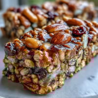 Wholesome trail mix bars with oats, honey, nuts, and dried fruit, perfect for healthy snacking on the go.