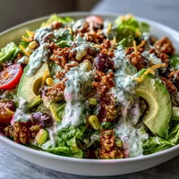 Colorful taco salad bowl with seasoned turkey, fresh vegetables, and creamy Greek yogurt ranch dressing, perfect for a healthy, satisfying meal.