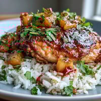 One-Pan Pineapple Chicken and Rice Bake with juicy chicken thighs, tender rice, and sweet pineapple chunks, baked to perfection.  