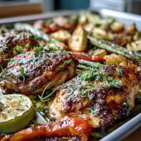 Healthy Easy One-Pan Lemon Chicken and Veggie Bake with colorful roasted vegetables and juicy chicken breasts, perfect for quick weeknight dinners.