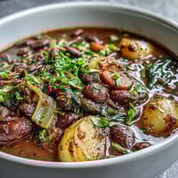 A steaming bowl of Soul Food Black-Eyed Pea and Collard Green Stew, rich with smoky spices and tender greens.  