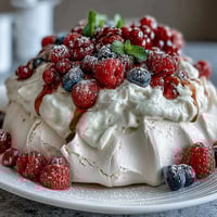 Classic Mothers Day Pavlova with Mixed Berries, a crisp meringue shell topped with whipped cream and vibrant fresh berries for a stunning dessert centerpiece.