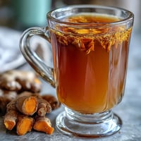 A steaming mug of dandelion root tea with ginger and turmeric, its golden hue hinting at earthy warmth and spice.
