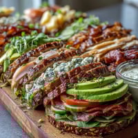 Vibrant loaded deli sandwich board with assorted meats, cheeses, and fresh vegetables for customizable picnic sandwiches.  