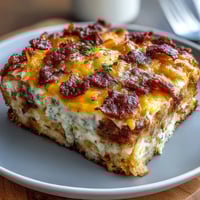 Hearty Amish breakfast casserole with hash browns, sausage, and eggs, golden and bubbling from the oven.