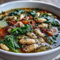 A comforting bowl of Tuscan white bean and spinach soup with tender vegetables and aromatic herbs, served hot in a rustic white bowl.