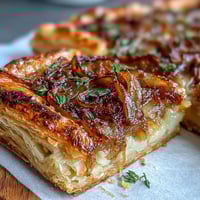 A golden French Onion Puff Pastry Tart with caramelized onions and melted Gruyère cheese, baked until crisp and fragrant.