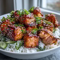 Spicy mayo salmon rice bowl with tender salmon cubes, creamy sriracha mayo, crisp cucumber, and sesame seeds over warm rice.  