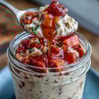 A jar of creamy vanilla overnight oats layered with fresh strawberries and a sprinkle of chia seeds, perfect for a healthy breakfast on the go.