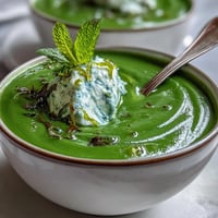 Vibrant spring pea soup topped with airy whipped ricotta and fragrant mint oil, perfect for a fresh vegetarian meal.