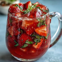 Close-up of a vibrant Strawberry Basil Lemonade Pitcher on a party table.