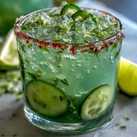 Vibrant pickle margarita mocktail with spicy jalapeño rim, ready to enjoy.