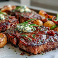 Juicy Father's Day Steak and Potato Sheet Pan Dinner ready to serve.