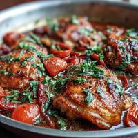 Tender chicken thighs in rich red pepper sauce, Easy Basque-Style Chicken recipe.