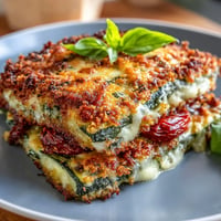 Golden brown Crispy Parmesan Tomato Zucchini Bake with melted mozzarella and fresh basil garnish.